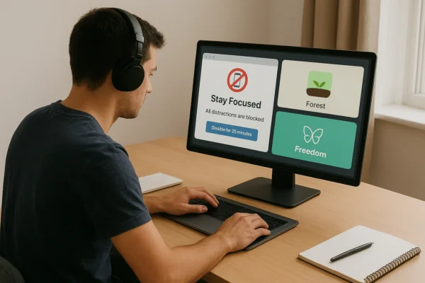 Student working at a tidy desk with headphones, using multiple focus apps and browser extensions on screens, representing digital deep focus, productivity, and distraction blocking in 2025