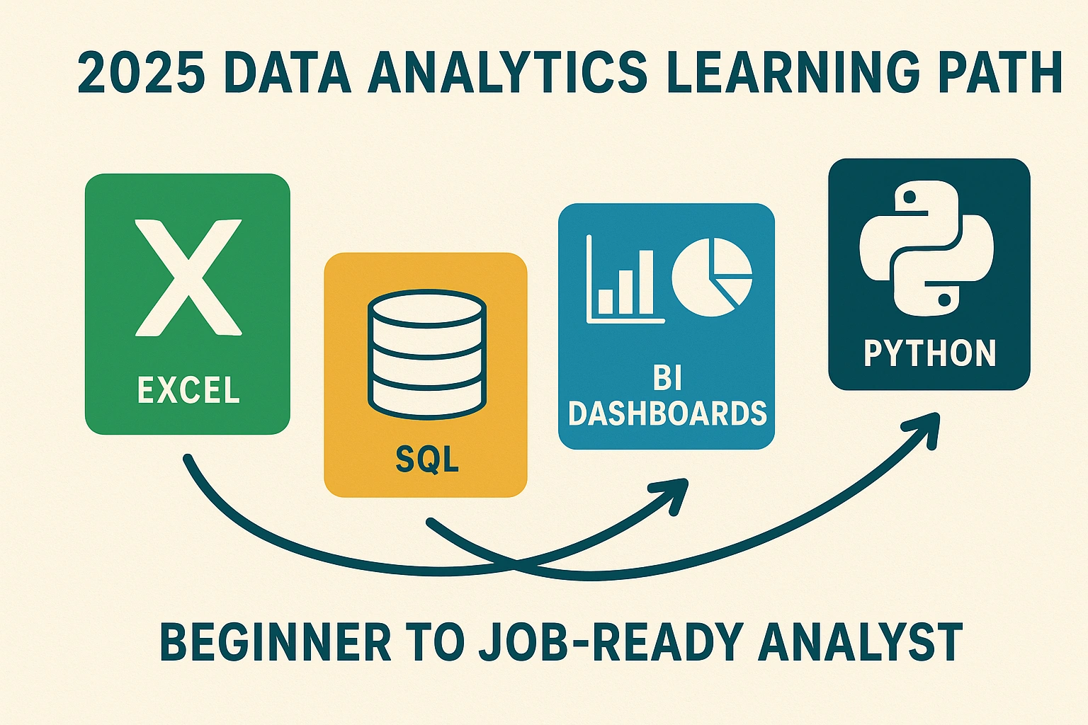 Visual illustration of the 2025 data analytics learning path showing Excel, SQL, BI dashboards, and Python code for beginner to job-ready analysts.