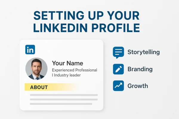 Professional thumbnail in 16:9 showing a LinkedIn profile card with the About section highlighted, surrounded by icons for storytelling, branding, and growth. Clean white and blue design with the title