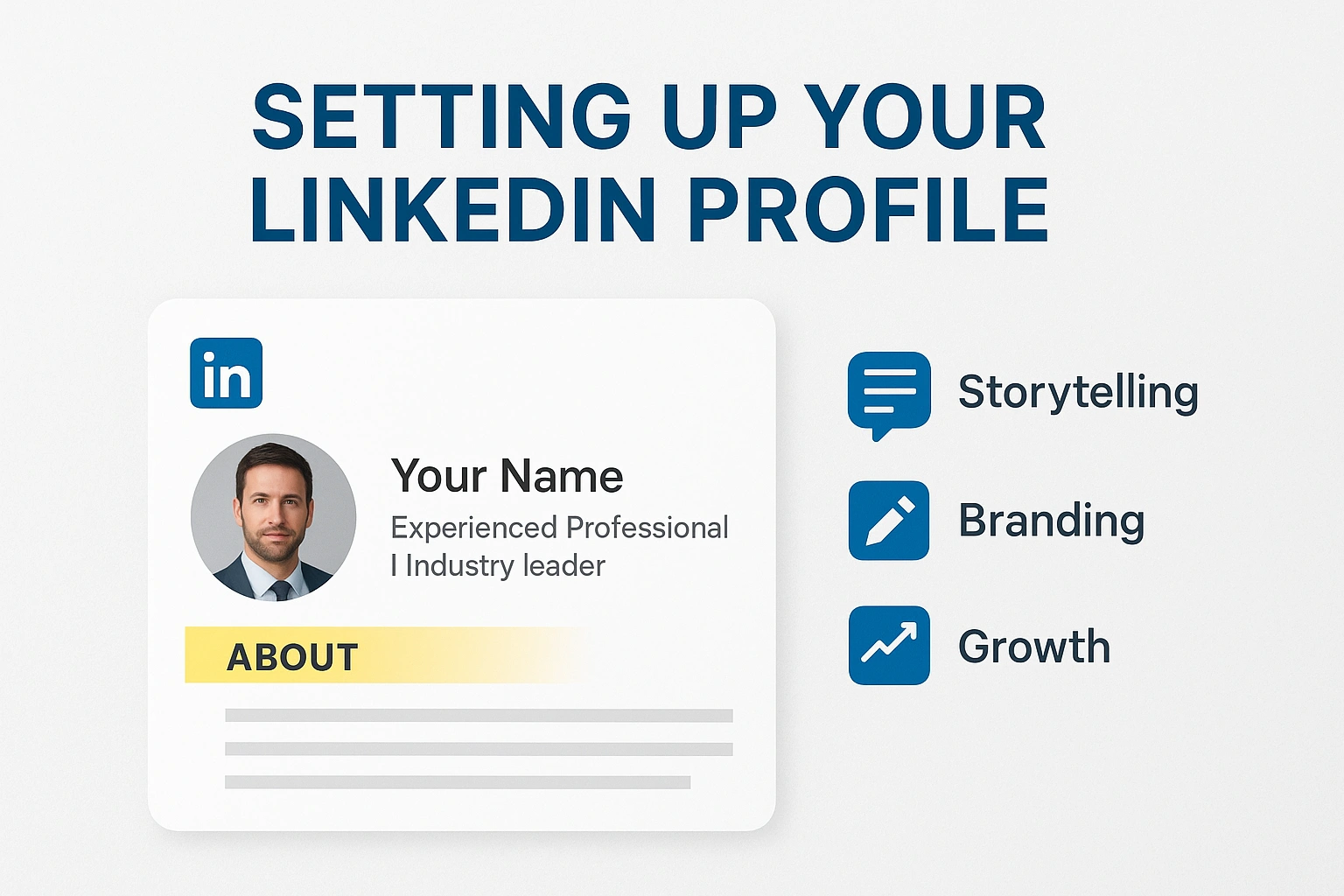 Professional thumbnail in 16:9 showing a LinkedIn profile card with the About section highlighted, surrounded by icons for storytelling, branding, and growth. Clean white and blue design with the title