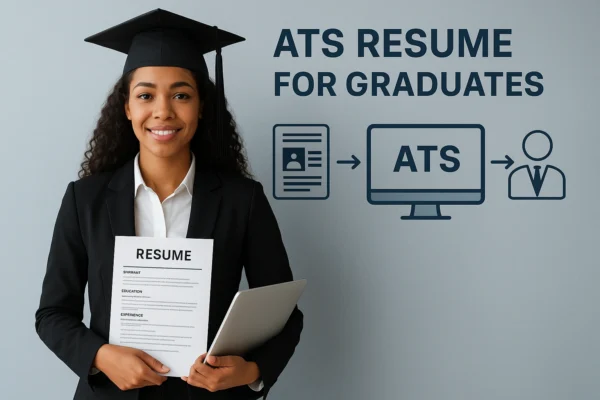 showing a recent graduate holding a resume and laptop, with digital icons representing an Applicant Tracking System (ATS) scanning resumes in the background. Text overlay highlights 'ATS resume for graduates'. Professional, empowering, and career-focused imagery.