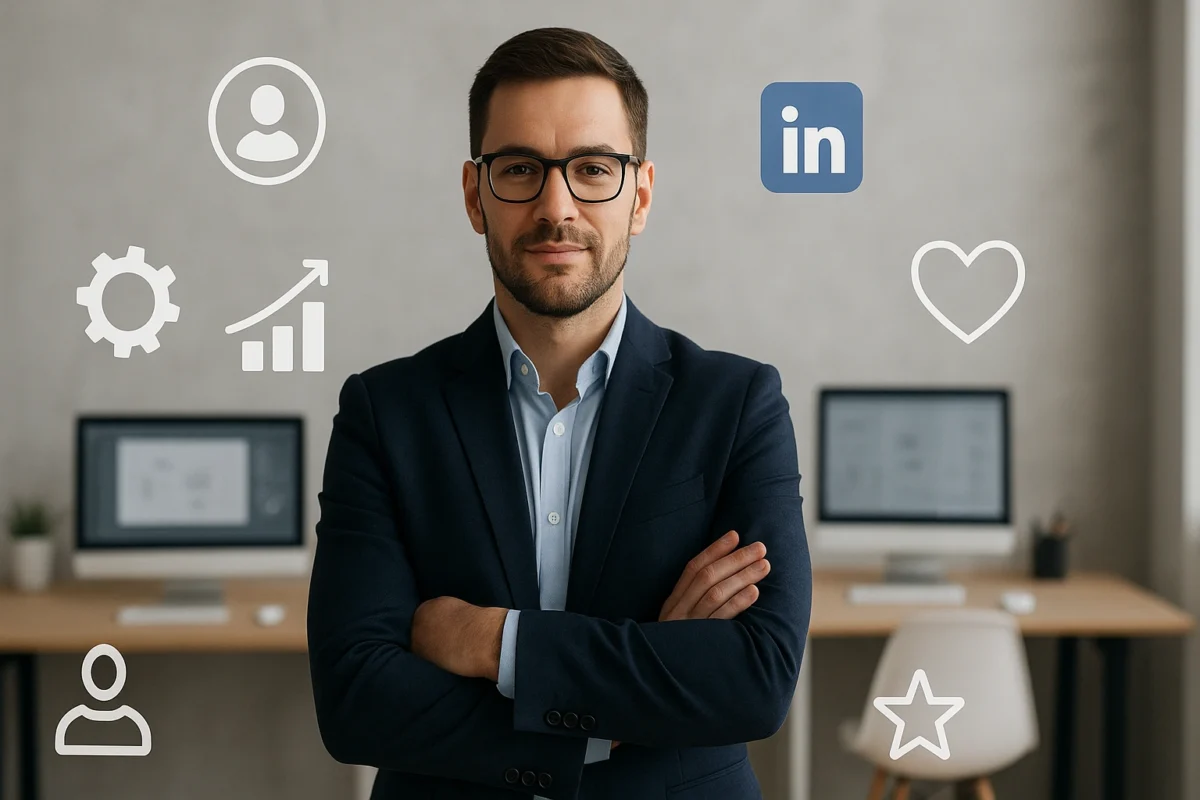 A professional standing confidently in a digital environment, with icons representing skills, social media, and personal values floating around them, illustrating the concept of building and managing a persona