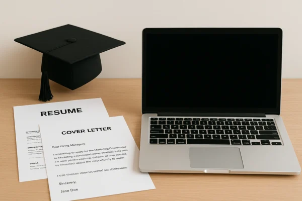 showing a laptop, a resume, and a cover letter on a clean desk with graduation cap in the background, symbolizing cover letter examples graduates and career readiness.