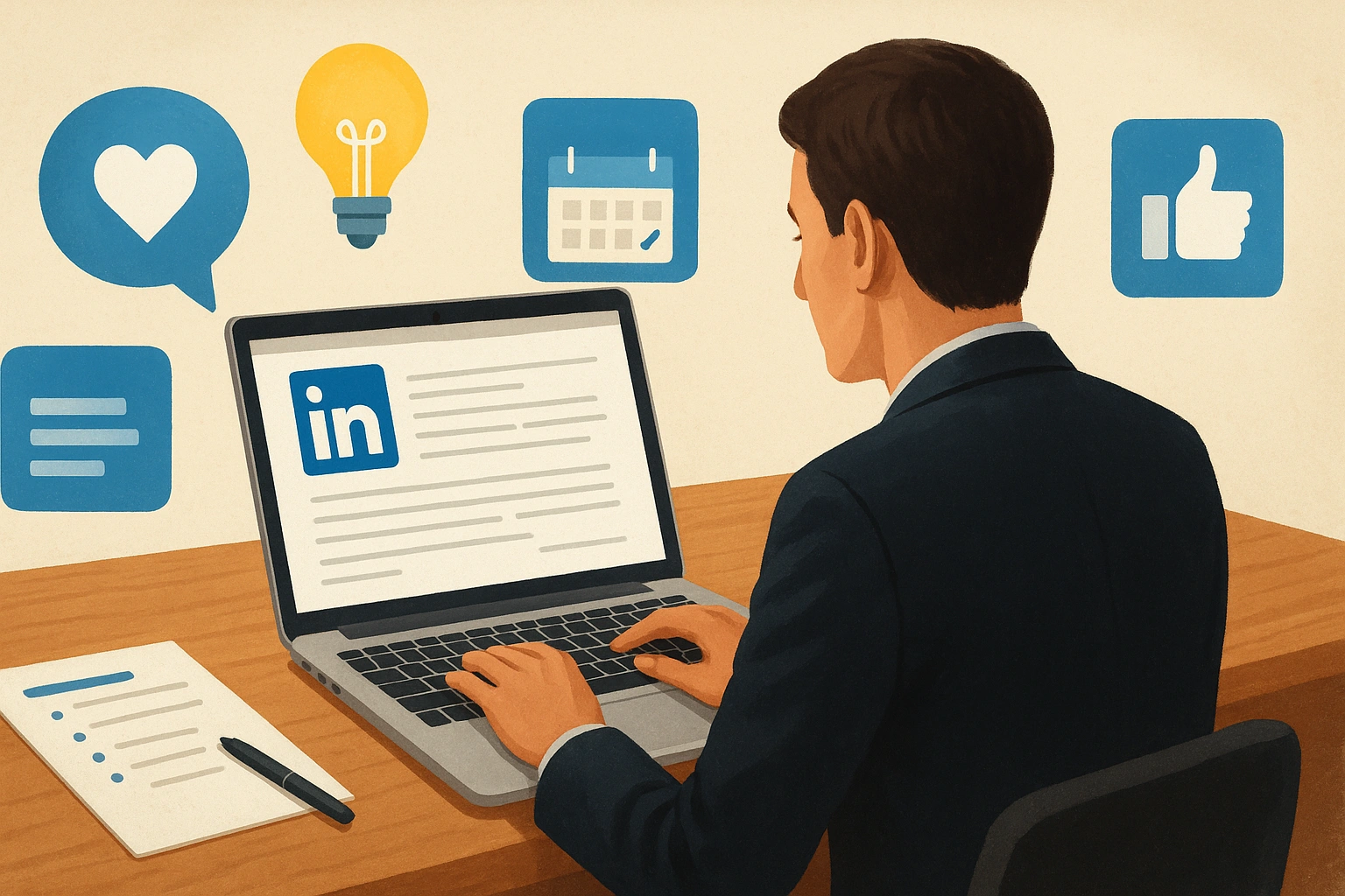 Illustration of a professional writing LinkedIn posts on a laptop, surrounded by icons representing social media, content ideas, and scheduling, symbolizing a weekly LinkedIn content plan for personal branding.