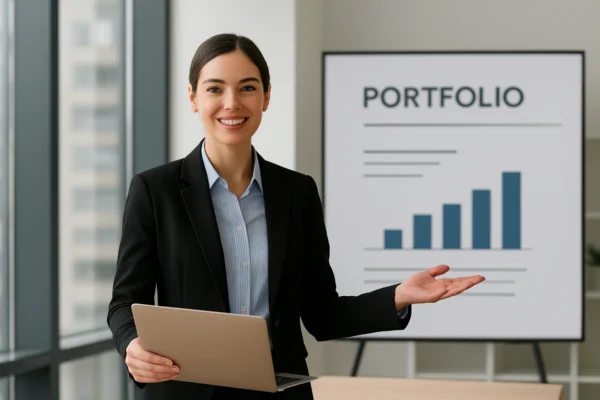 A candidate confidently presenting a portfolio presentation interview using a laptop and slides in a professional office, demonstrating preparation, clear communication, and a polished, engaging presentation style.