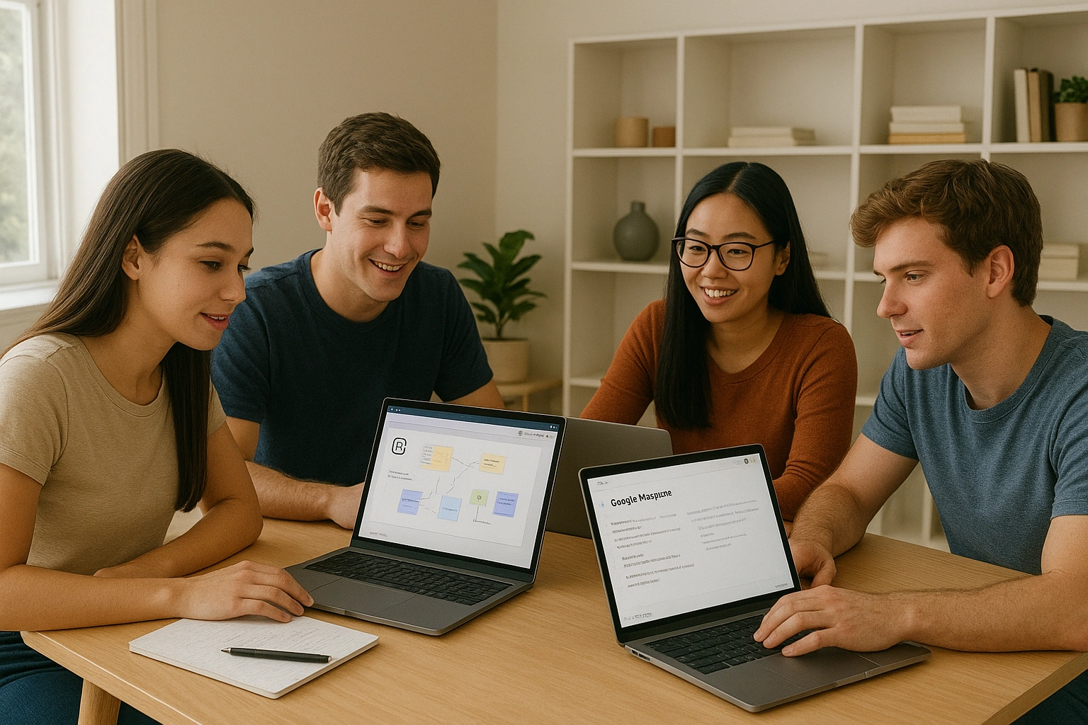 Virtual online study group collaborating with laptops and digital tools like Notion, Miro, and Google Workspace in a clean home office setup, representing structured and productive online group study sessions.