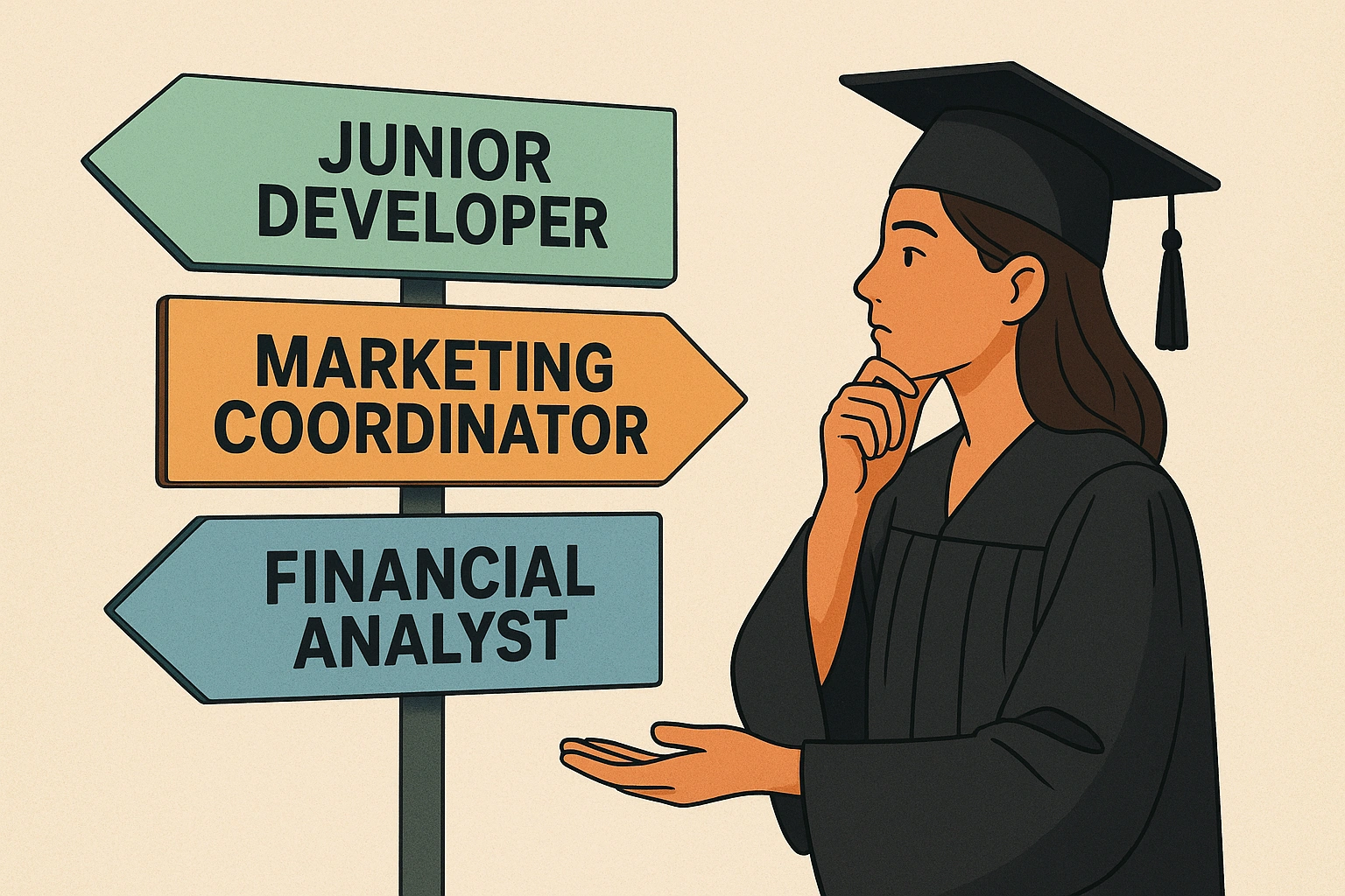 Illustration of a graduate exploring different entry-level job titles like Junior Developer, Marketing Coordinator, and Financial Analyst, symbolizing the start of a career path and decision-making for recent graduates.