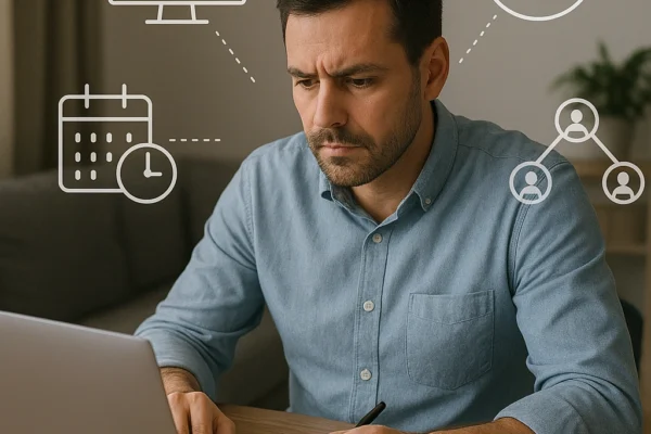 A professional working at a home desk with a laptop and study materials, surrounded by digital icons representing remote learning, time management, and networking, illustrating strategies for successful remote learning for professionals.