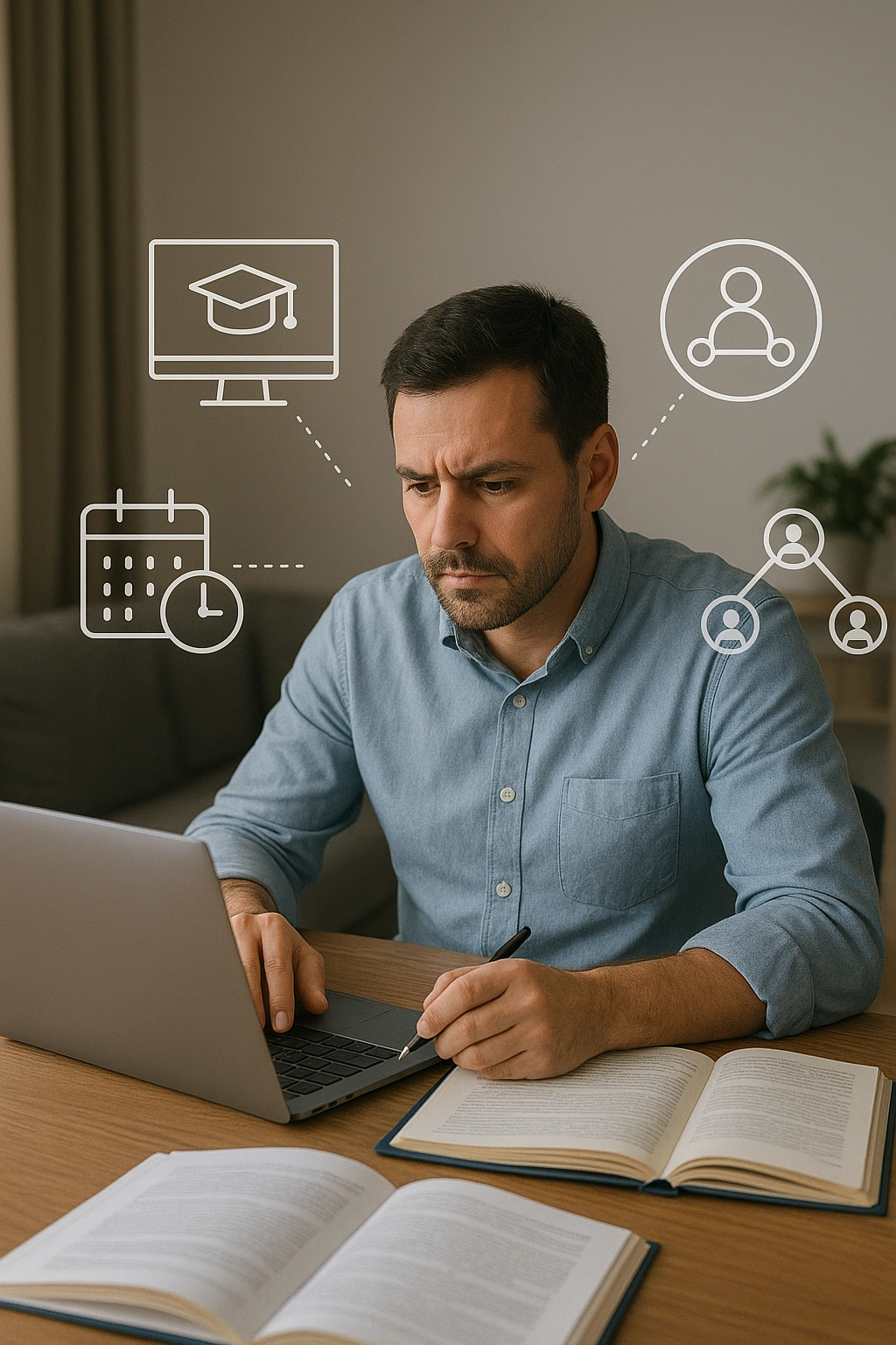 A professional working at a home desk with a laptop and study materials, surrounded by digital icons representing remote learning, time management, and networking, illustrating strategies for successful remote learning for professionals.