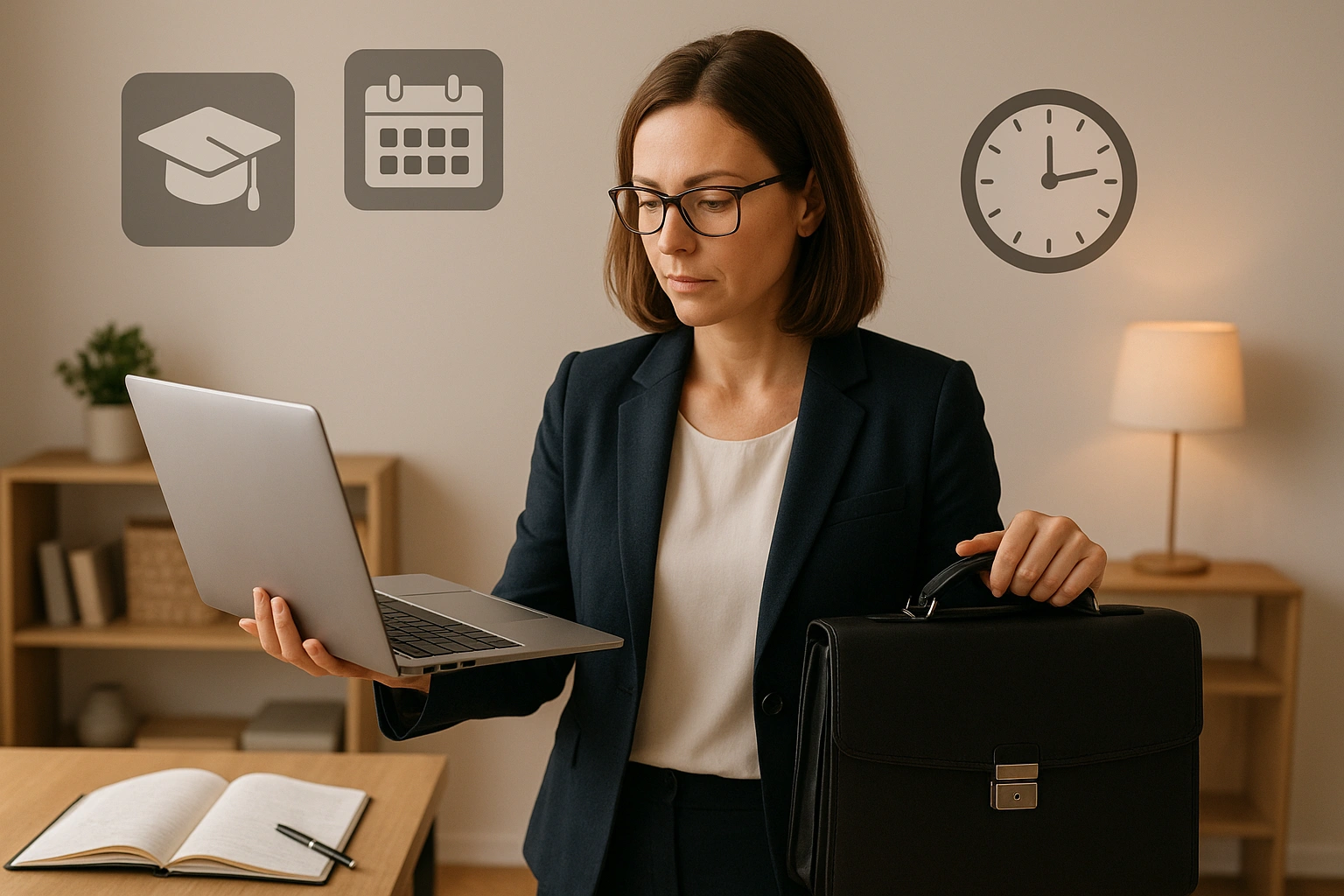 A professional working from home, balancing a laptop and a briefcase in an organized workspace, surrounded by icons representing online courses, calendars, and clocks, illustrating remote learning with effective work-study balance.