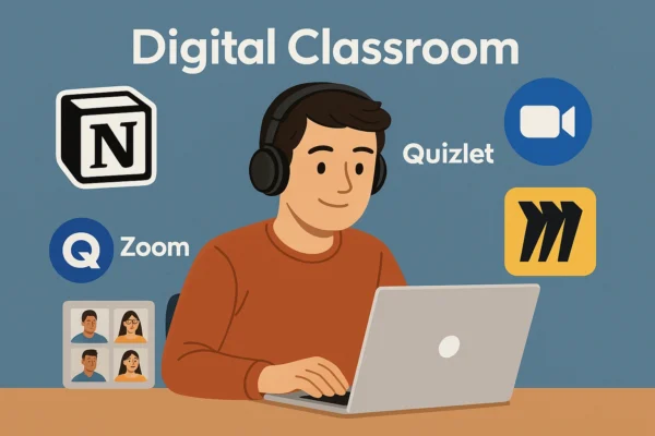 A student using a laptop in a digital classroom, surrounded by icons of popular online study aids such as Notion, Quizlet, Zoom, and Miro, illustrating organization, collaboration, and productivity in remote l
