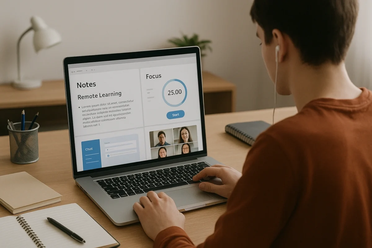 A student using a laptop surrounded by digital tools like note-taking apps, focus timers, and collaboration platforms, illustrating an organized remote learning toolkit.