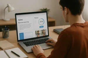 A student using a laptop surrounded by digital tools like note-taking apps, focus timers, and collaboration platforms, illustrating an organized remote learning toolkit.