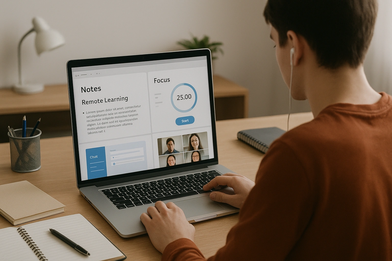A student using a laptop surrounded by digital tools like note-taking apps, focus timers, and collaboration platforms, illustrating an organized remote learning toolkit.