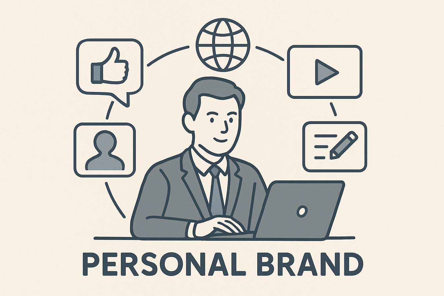 Illustration of a professional building their personal brand online, with digital icons for social media, networking, and content creation, representing enhanced professional visibility and career growth.