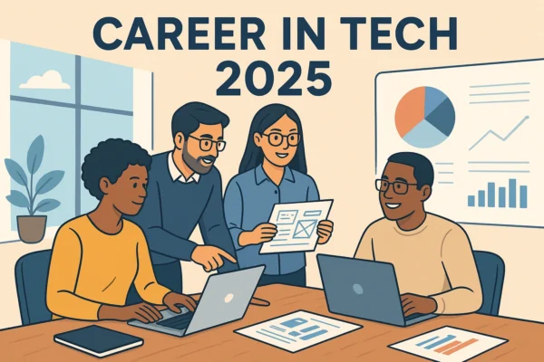Illustration of diverse tech professionals working together in a modern office with laptops, UXUI sketches, and data charts, symbolizing building a successful Career in Tech in 2025.