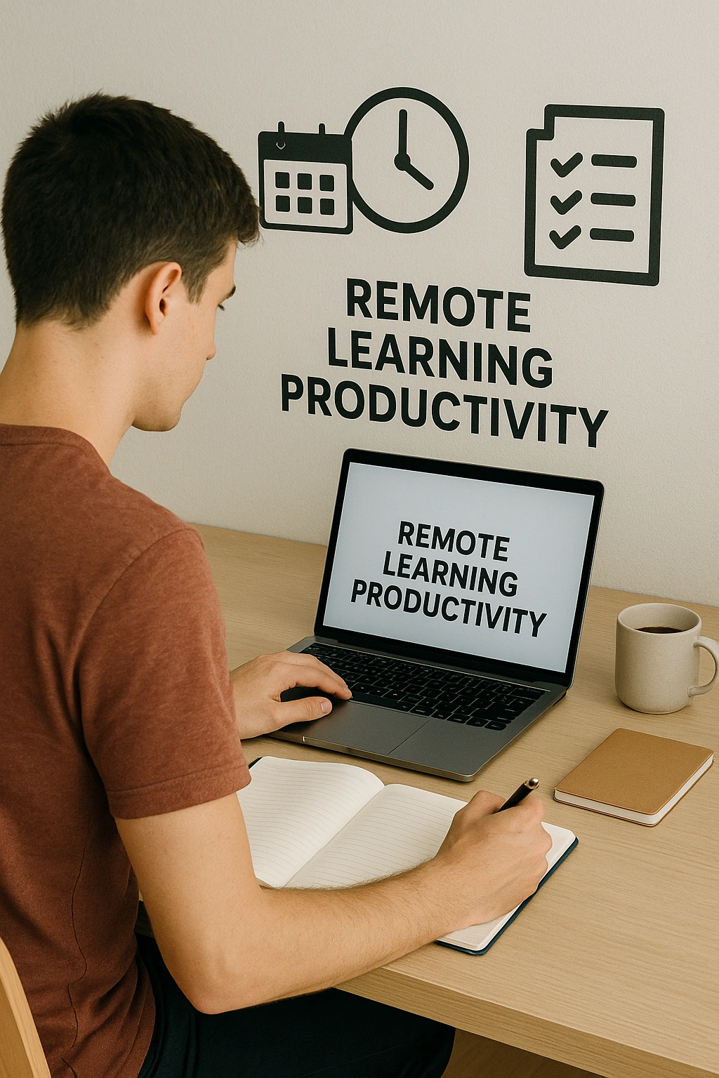 Student studying at a clean home desk with a laptop, notebooks, and a cup of coffee, surrounded by icons of a calendar, clock, and task checklist, representing remote learning productivity.