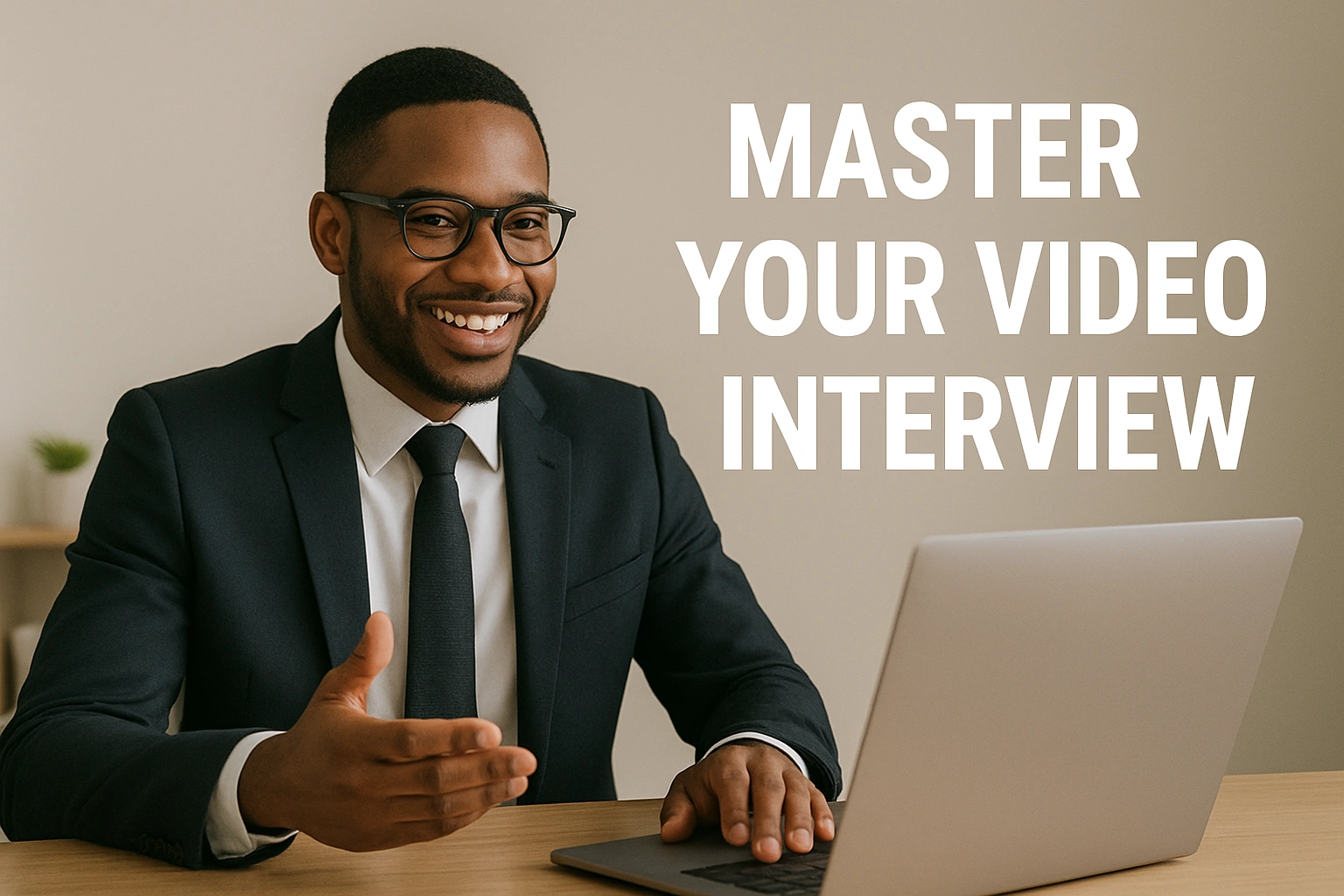 Thumbnail image of a candidate confidently participating in a video interview from a professional home office, with a clean background and text overlay “Master Your Video Interview.”