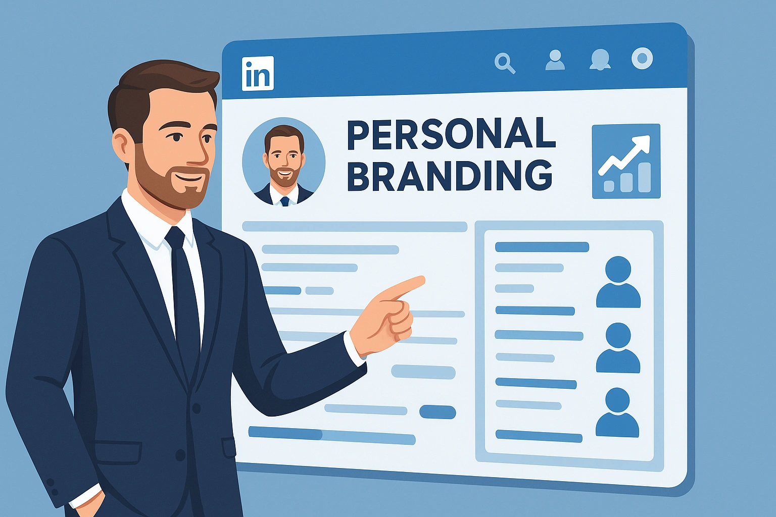 Thumbnail showing a professional building LinkedIn personal branding with digital interface elements like posts, connections, and charts, representing networking, profile optimization, and career growth.