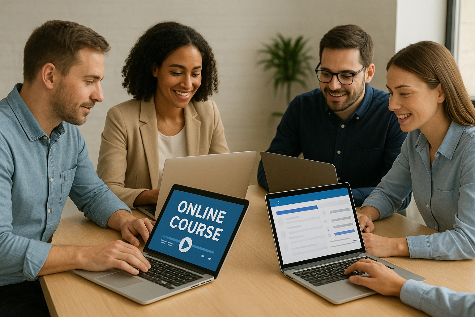 Team of employees using e-learning platforms on laptops and tablets, accessing courses and interactive modules to improve skills and productivity in a modern office setting.