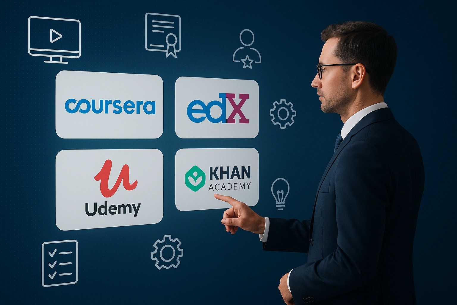 A professional exploring various learning platforms on a large digital screen, surrounded by icons representing online courses, certifications, and skill development, illustrating the process of choosing the right learning platform for career growth.