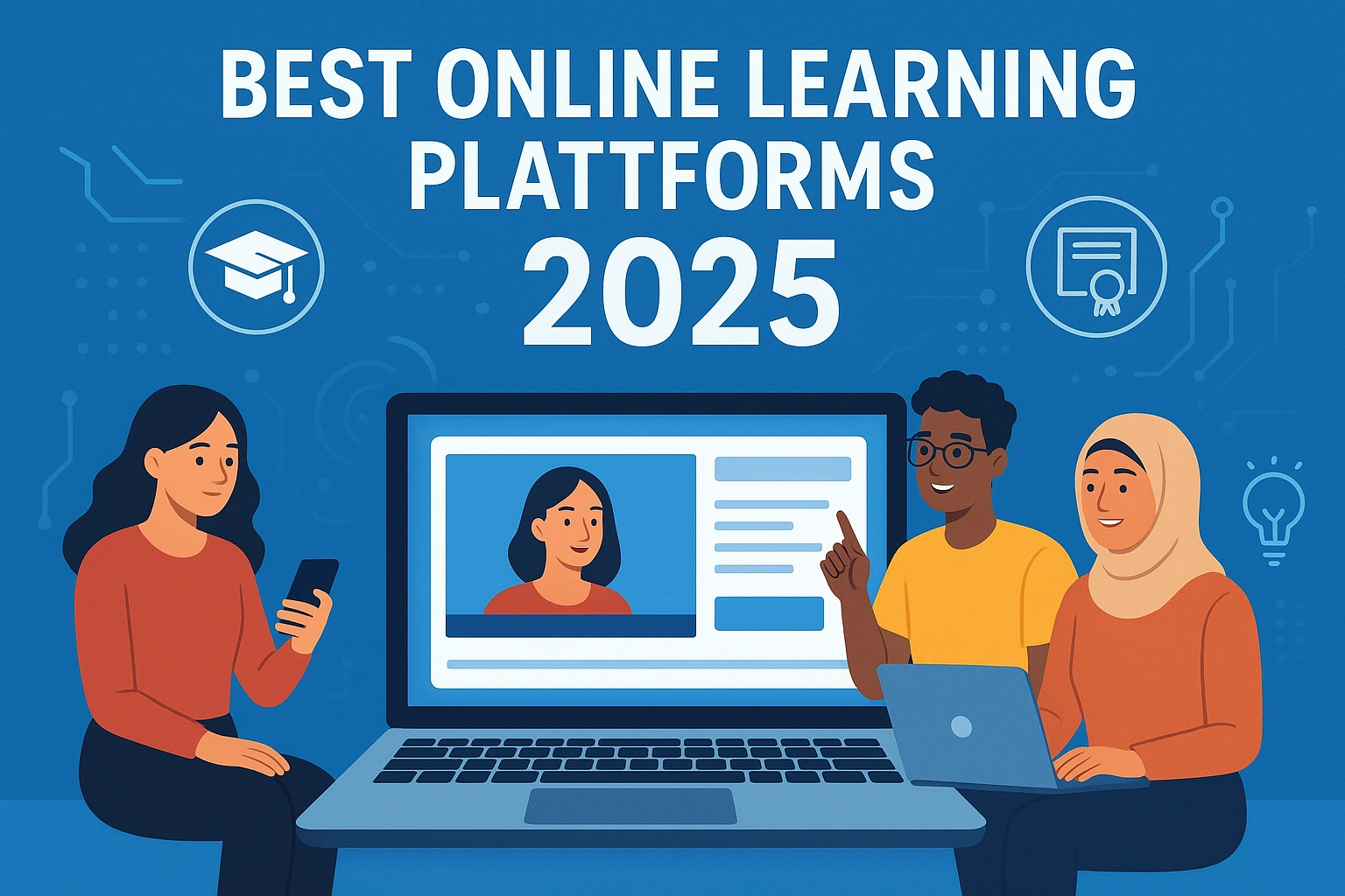 illustrating the best online learning platforms of 2025, featuring a laptop showing online courses, diverse learners interacting with content, skill icons, and a modern, motivating tech-inspired background.