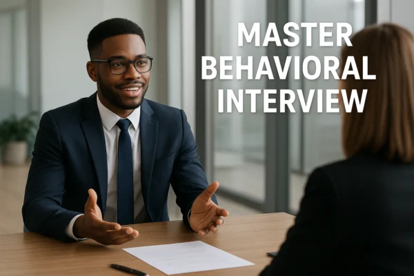 image of a professional job interview scene featuring a confident candidate answering behavioral interview questions across a desk, with text overlay “Master Behavioral Interview” in modern typography.