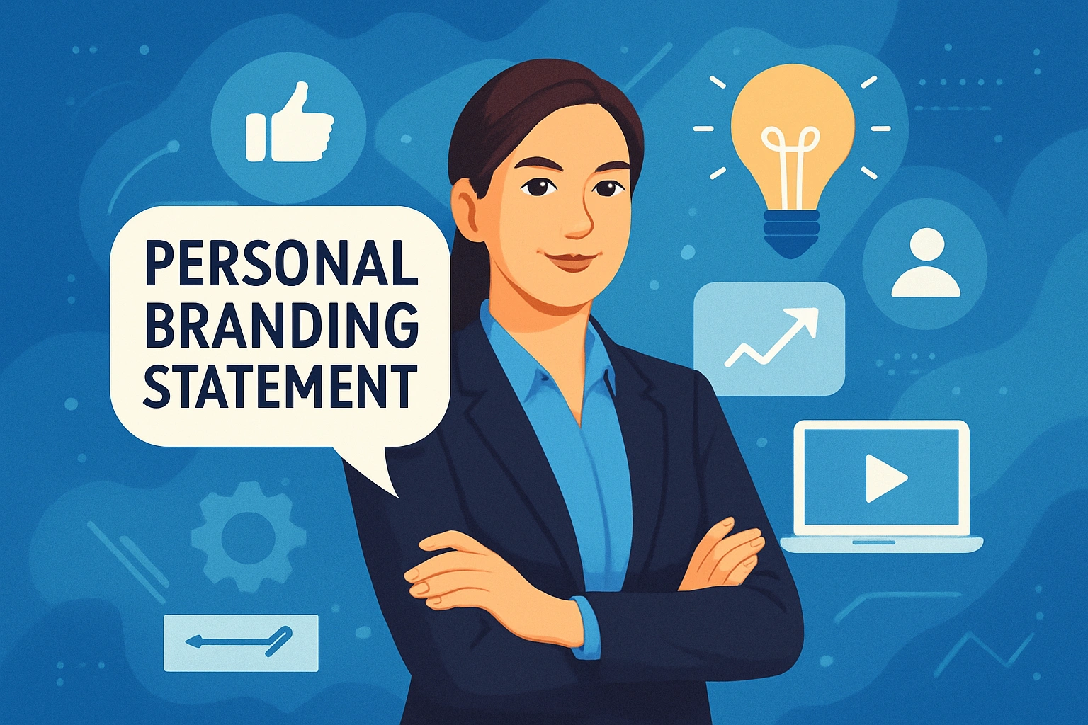 Thumbnail showing a confident professional surrounded by digital icons and abstract elements, representing crafting a personal branding statement to communicate unique value and grow a professional career.
